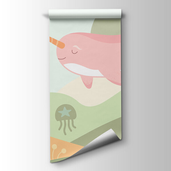 Papier peint Dessin humoristique représentant une baleine nageant dans la mer (UGS : t01053v1)