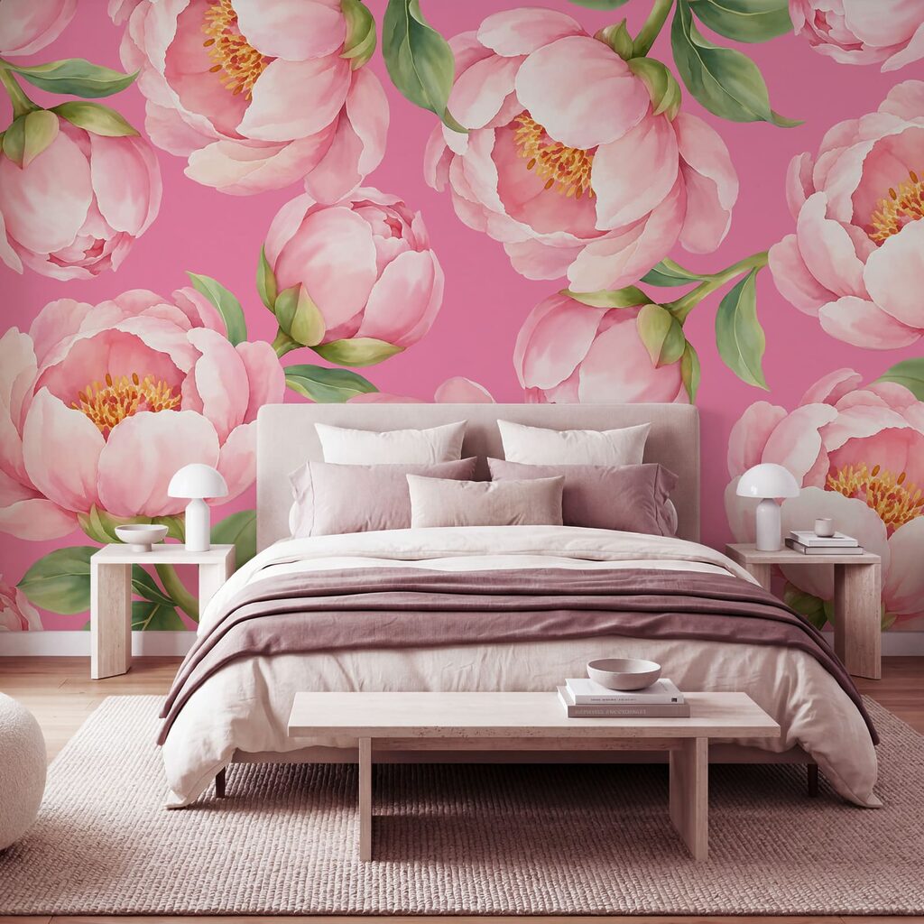Papier peint Des fleurs roses sur un fond rose (UGS : t01096v4) Papier peint Des fleurs roses sur un fond rose (UGS : t01096v4)
