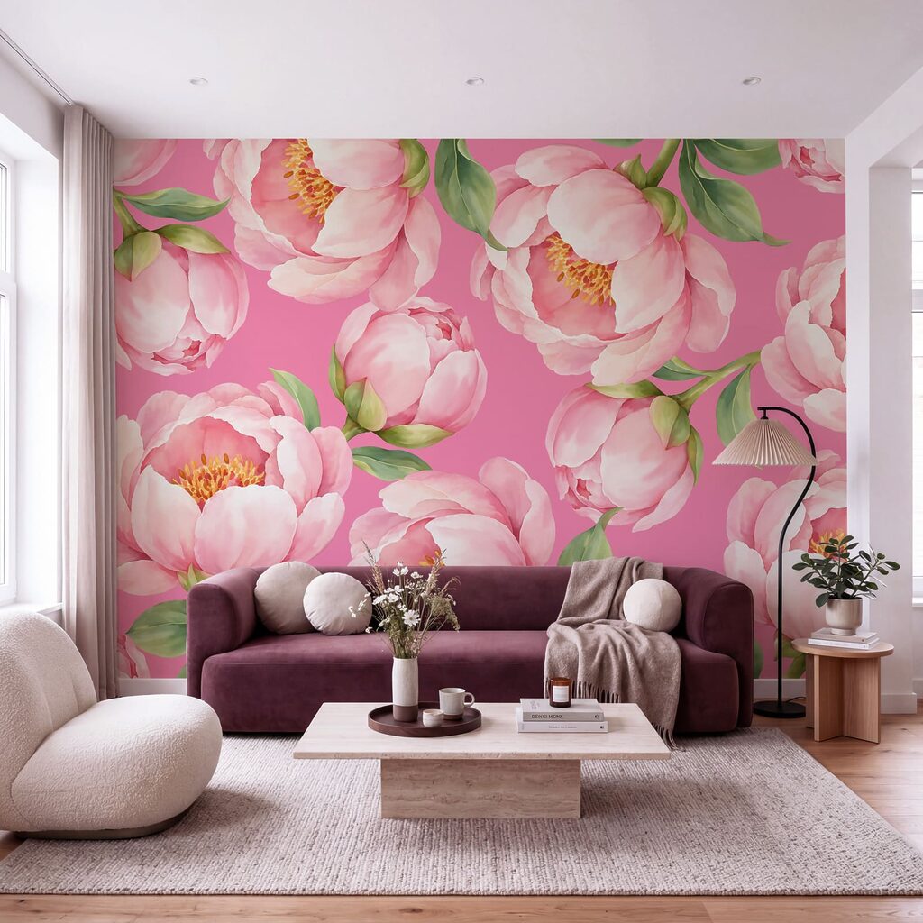 Papier peint Des fleurs roses sur un fond rose (UGS : t01096v4) Papier peint Des fleurs roses sur un fond rose (UGS : t01096v4)