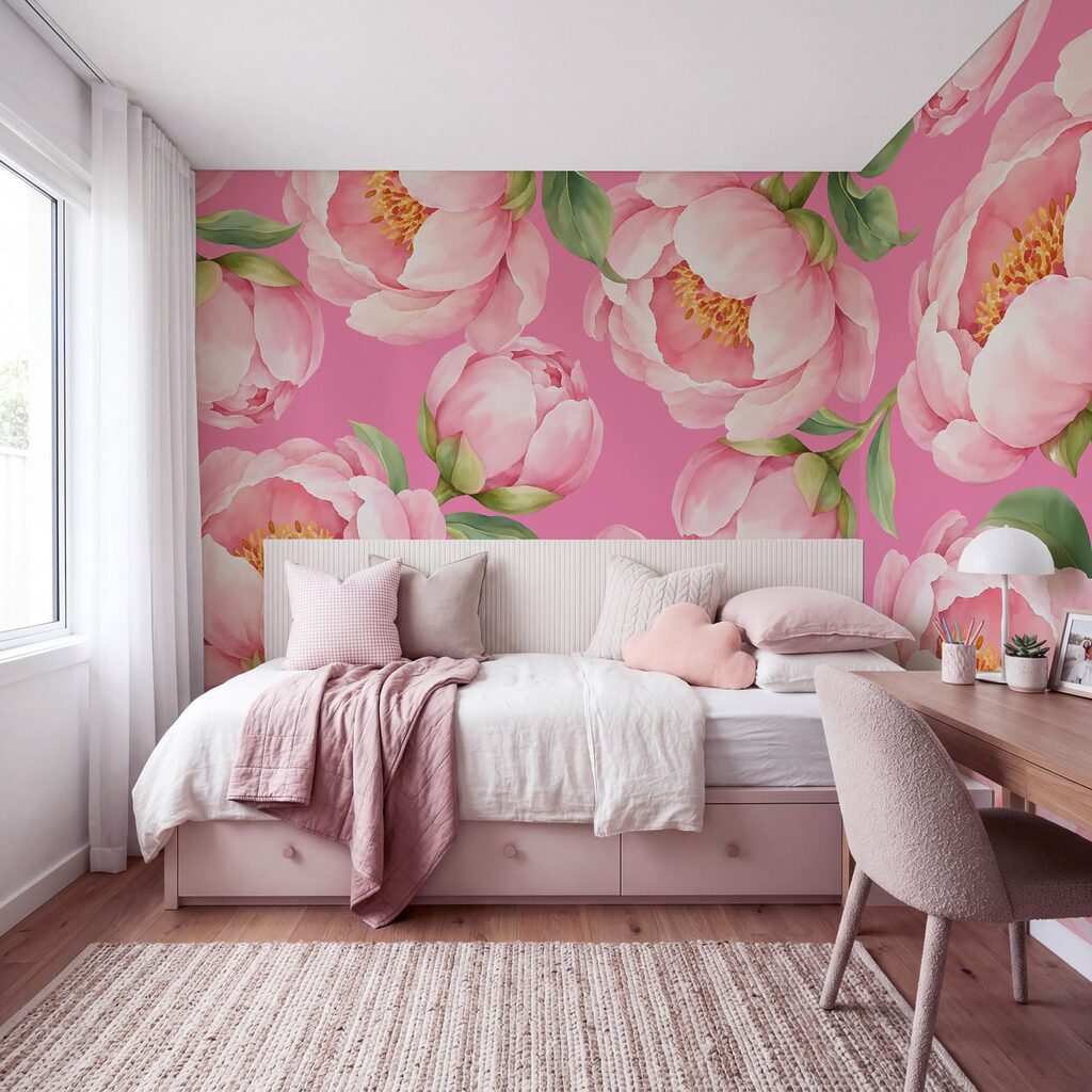 Papier peint Des fleurs roses sur un fond rose (UGS : t01096v4) Papier peint Des fleurs roses sur un fond rose (UGS : t01096v4)