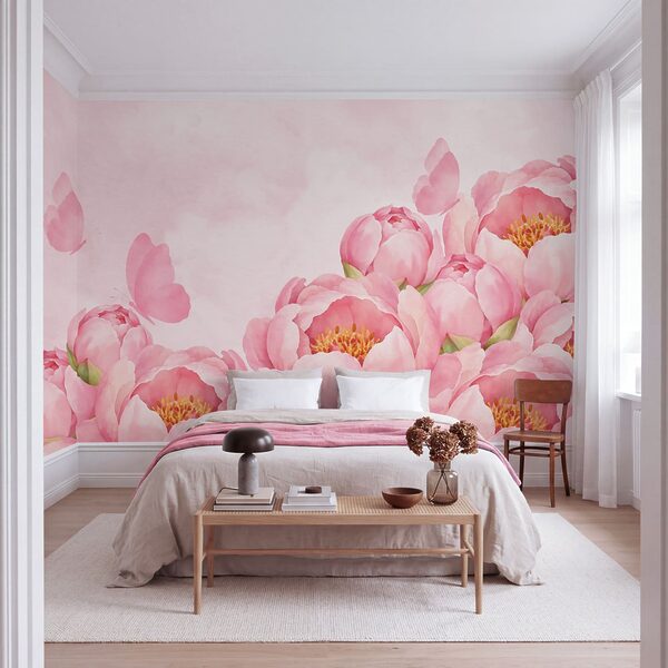 Papier peint Des fleurs roses avec un papillon (UGS : t01101) Papier peint Des fleurs roses avec un papillon (UGS : t01101)
