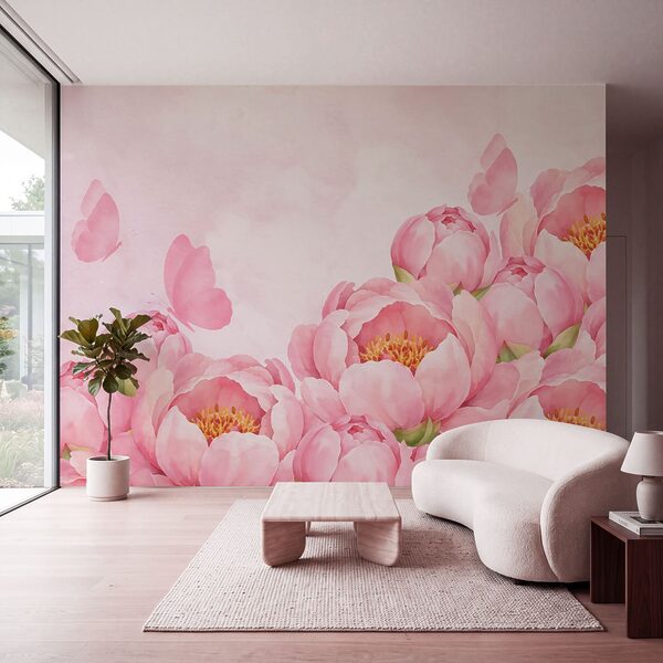 Papier peint Des fleurs roses avec un papillon (UGS : t01101) Papier peint Des fleurs roses avec un papillon (UGS : t01101)