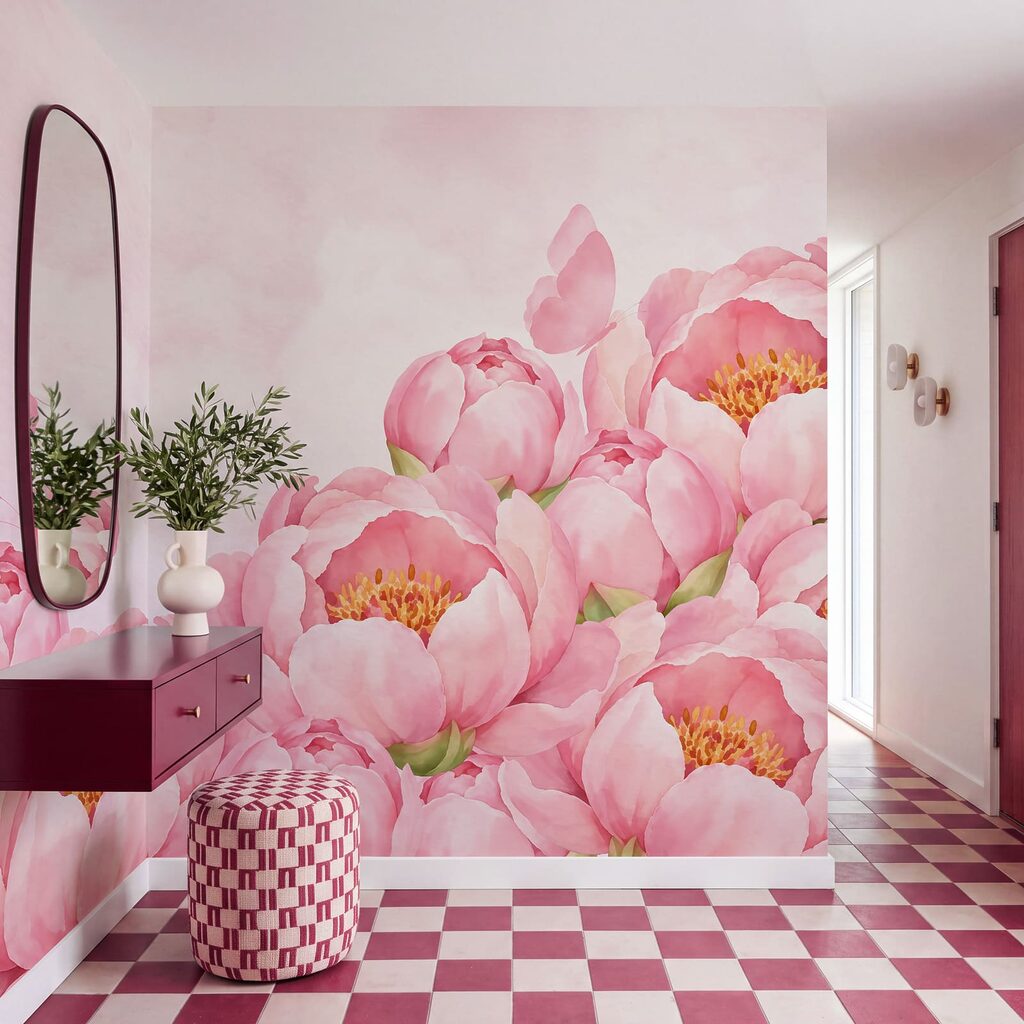 Papier peint Des fleurs roses avec un papillon (UGS : t01101) Papier peint Des fleurs roses avec un papillon (UGS : t01101)