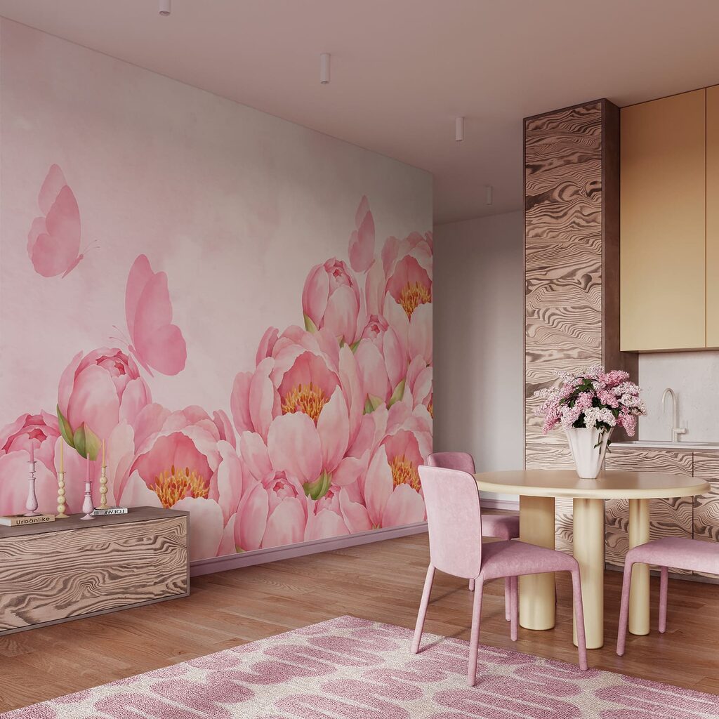 Papier peint Des fleurs roses avec un papillon (UGS : t01101) Papier peint Des fleurs roses avec un papillon (UGS : t01101)