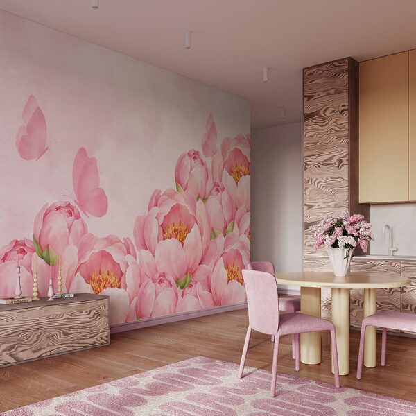 Papier peint Des fleurs roses avec un papillon (UGS : t01101) Papier peint Des fleurs roses avec un papillon (UGS : t01101)