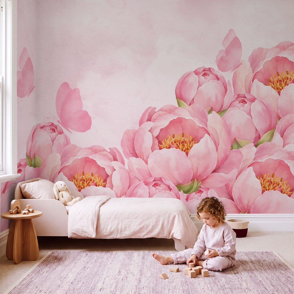 Papier peint Des fleurs roses avec un papillon (UGS : t01101) Papier peint Des fleurs roses avec un papillon (UGS : t01101)