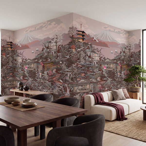 Papier peint Paysage avec des bâtiments et des montagnes (UGS : t01062v3) Papier peint Paysage avec des bâtiments et des montagnes (UGS : t01062v3)