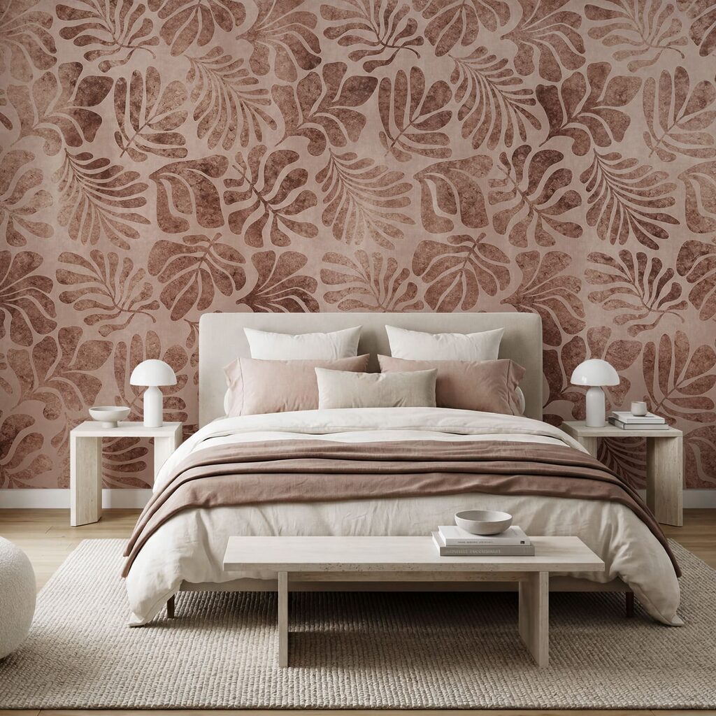 Papier peint Motif de feuilles sur un fond rose (UGS : t01111v3) Papier peint Motif de feuilles sur un fond rose (UGS : t01111v3)