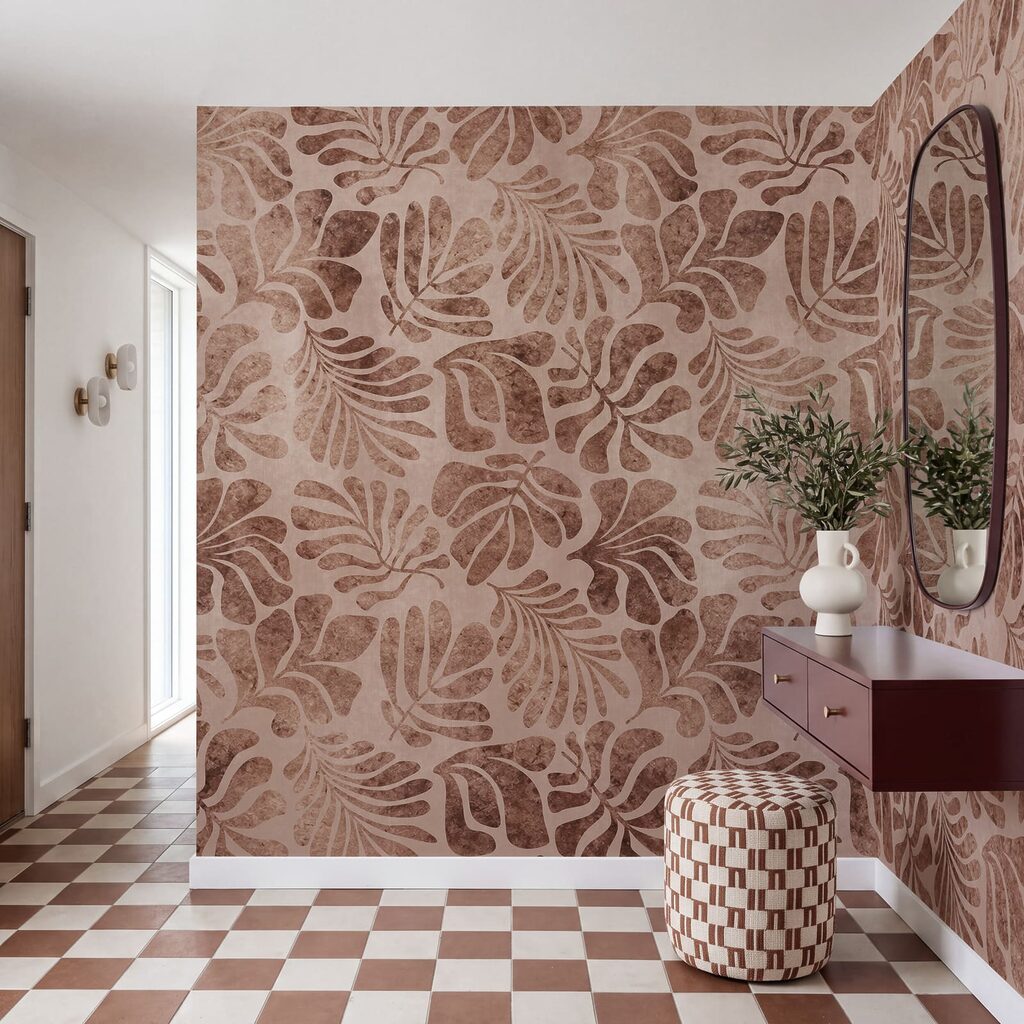 Papier peint Motif de feuilles sur un fond rose (UGS : t01111v3) Papier peint Motif de feuilles sur un fond rose (UGS : t01111v3)