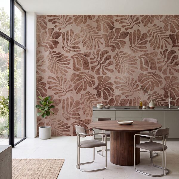 Papier peint Motif de feuilles sur un fond rose (UGS : t01111v3) Papier peint Motif de feuilles sur un fond rose (UGS : t01111v3)