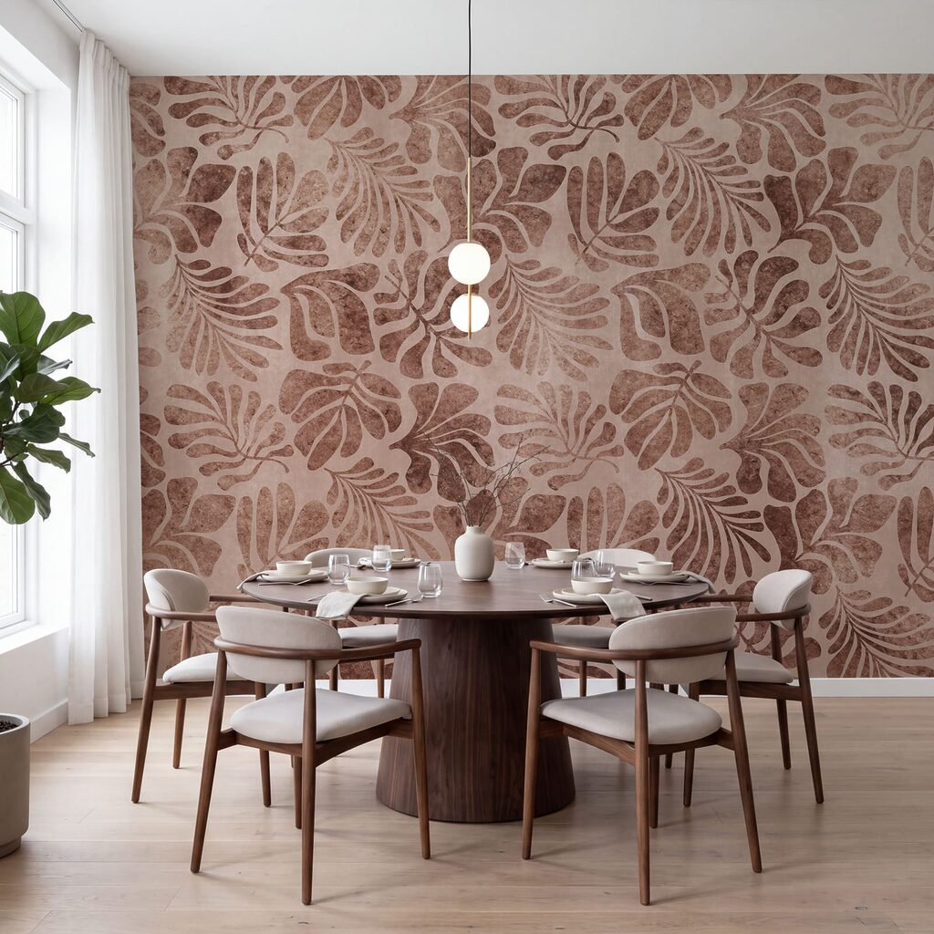 Papier peint Motif de feuilles sur un fond rose (UGS : t01111v3) Papier peint Motif de feuilles sur un fond rose (UGS : t01111v3)