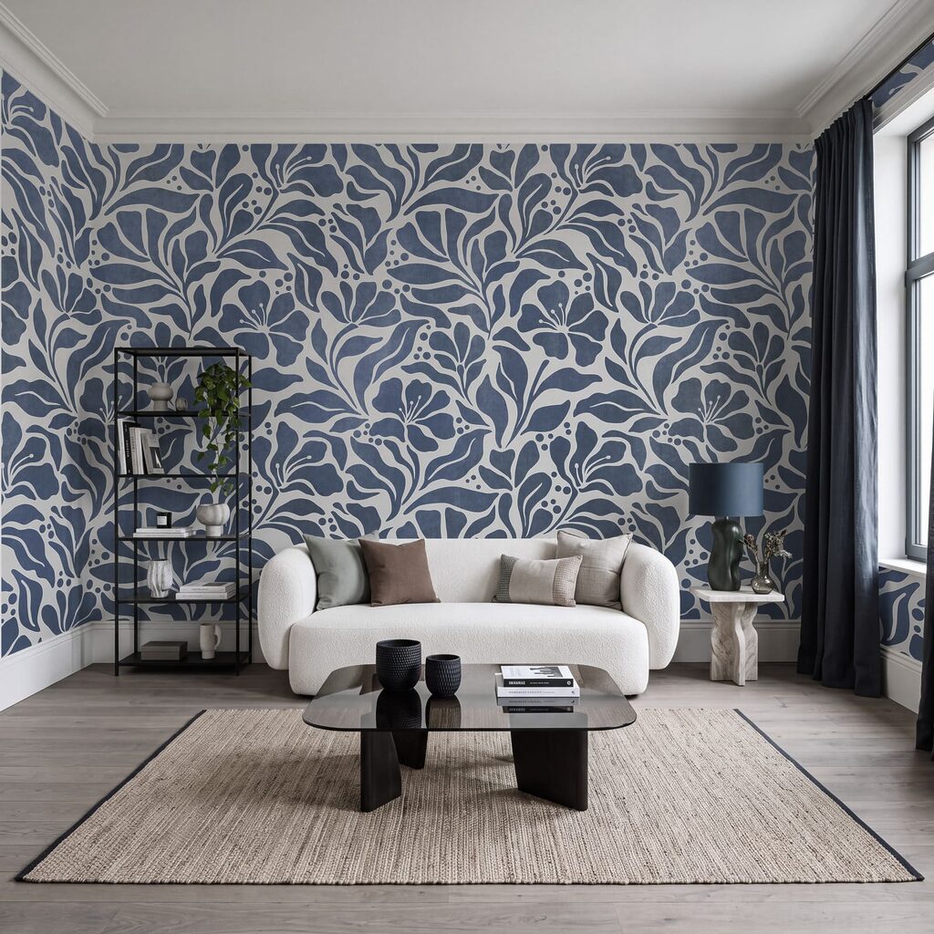 Papier peint Motif floral bleu et blanc (UGS : t01114v1)