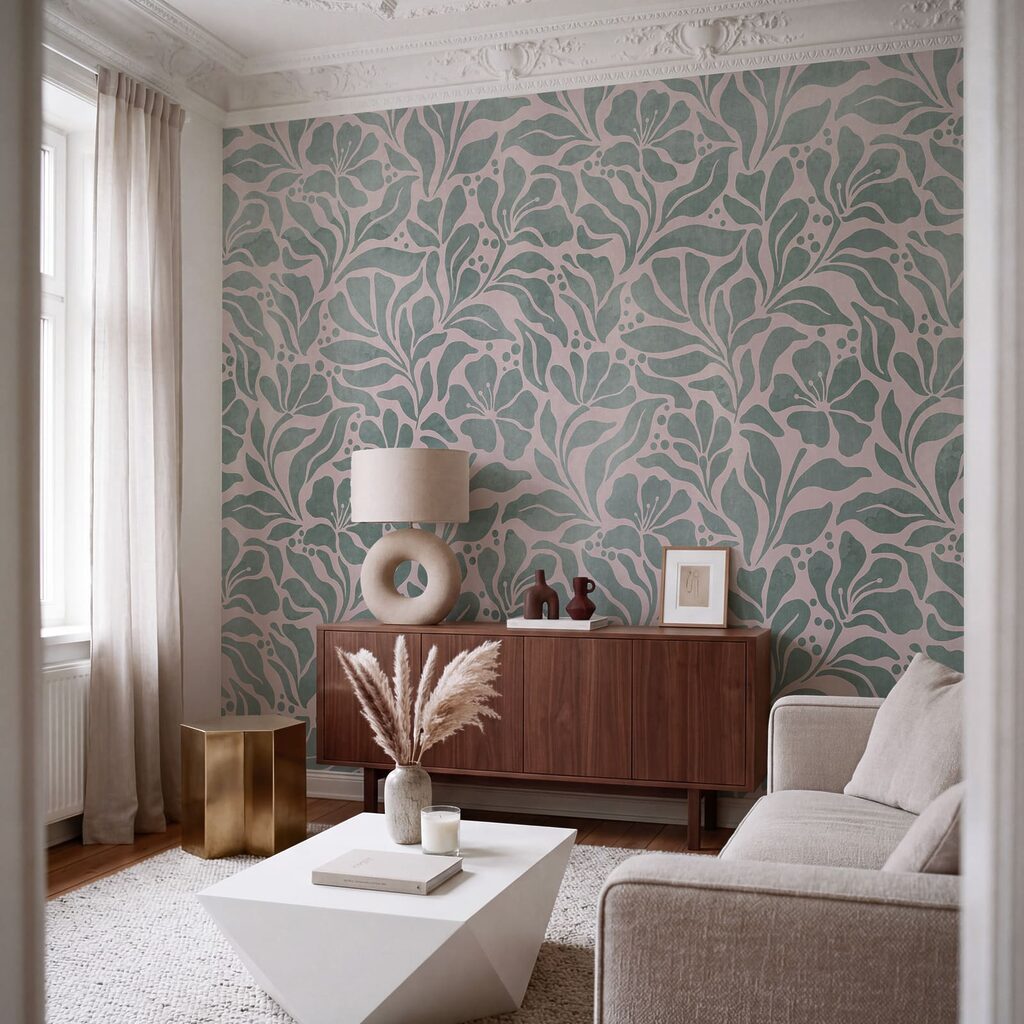 Papier peint Motif de feuilles sur fond rose (UGS : t01114v3) Papier peint Motif de feuilles sur fond rose (UGS : t01114v3)