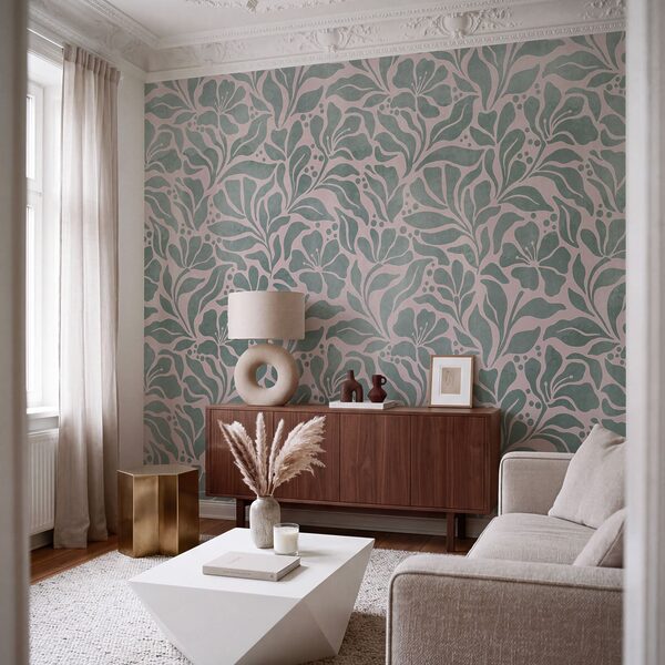 Papier peint Motif de feuilles sur fond rose (UGS : t01114v3) Papier peint Motif de feuilles sur fond rose (UGS : t01114v3)