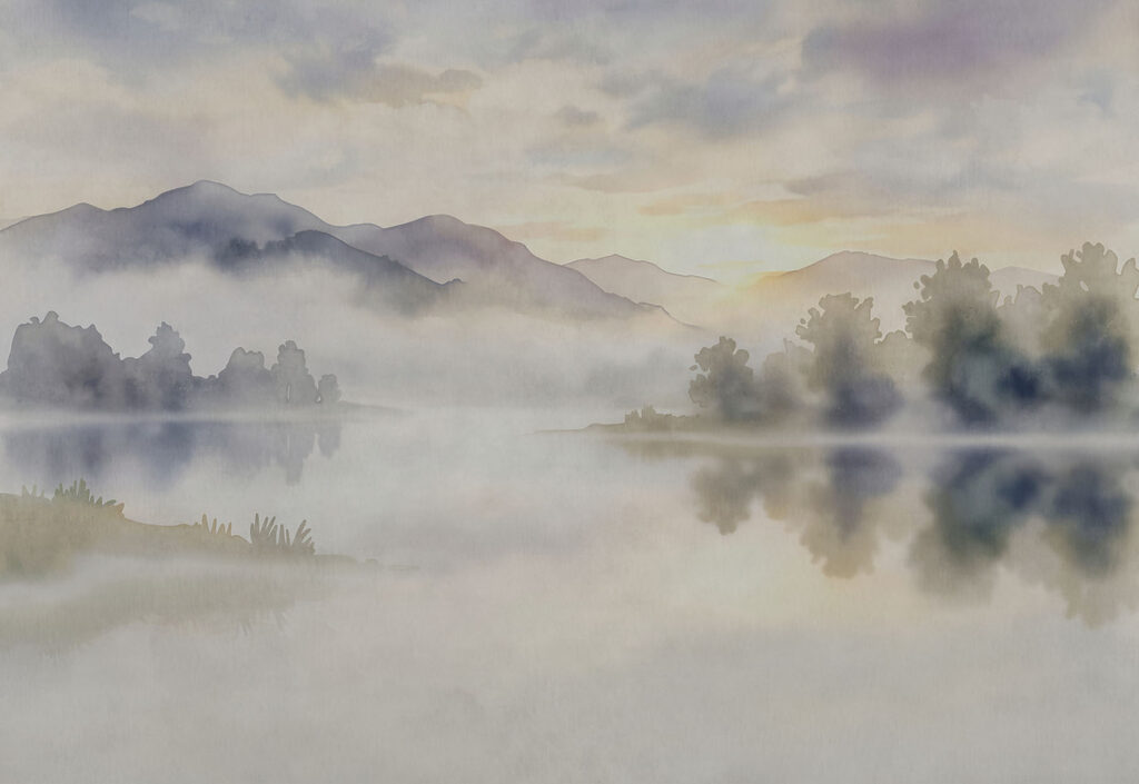Papier peint Aquarelle représentant un lac avec des arbres et des montagnes en arrière-plan (UGS : t01068)