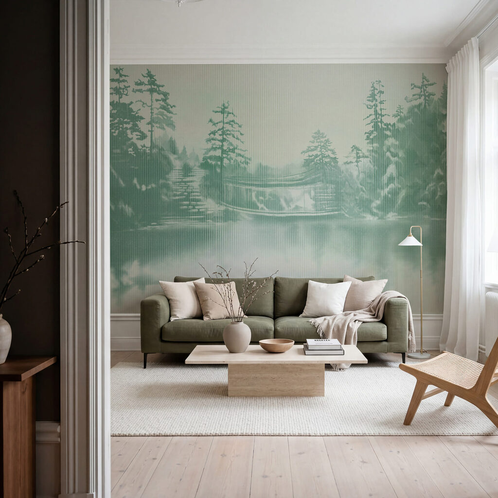 Papier peint Paysage enneigé avec des arbres et un plan d'eau (UGS : t01117)