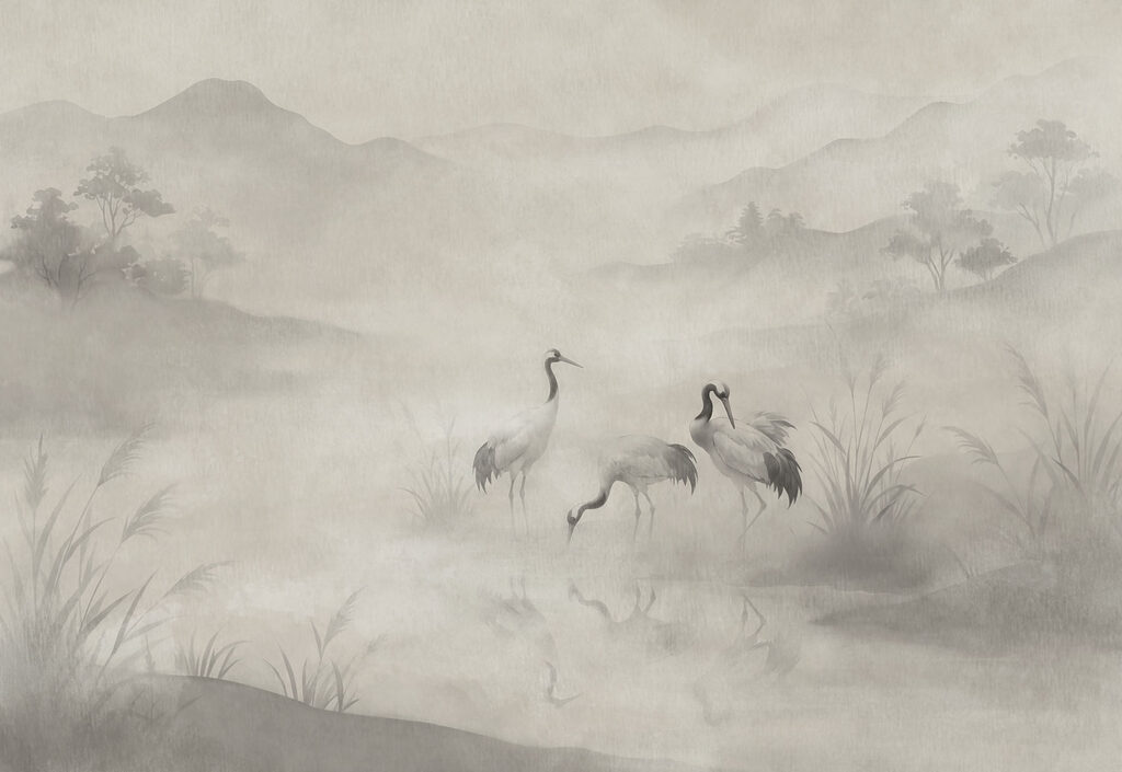 Papier peint Groupe d'oiseaux dans un paysage brumeux (UGS : t01089) Papier peint Groupe d'oiseaux dans un paysage brumeux (UGS : t01089)