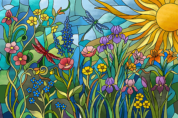 Papier peint Vitrail représentant des fleurs et des libellules (UGS : t01120) Papier peint Vitrail représentant des fleurs et des libellules (UGS : t01120)